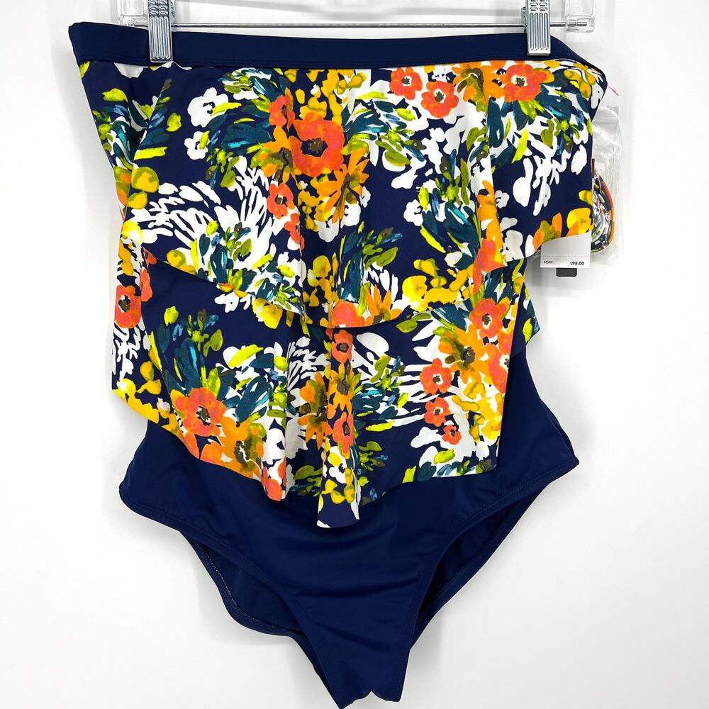 Jantzen NWT One Piece Swimsuit Bathing Suit Impressionist Blue Floral Size 12